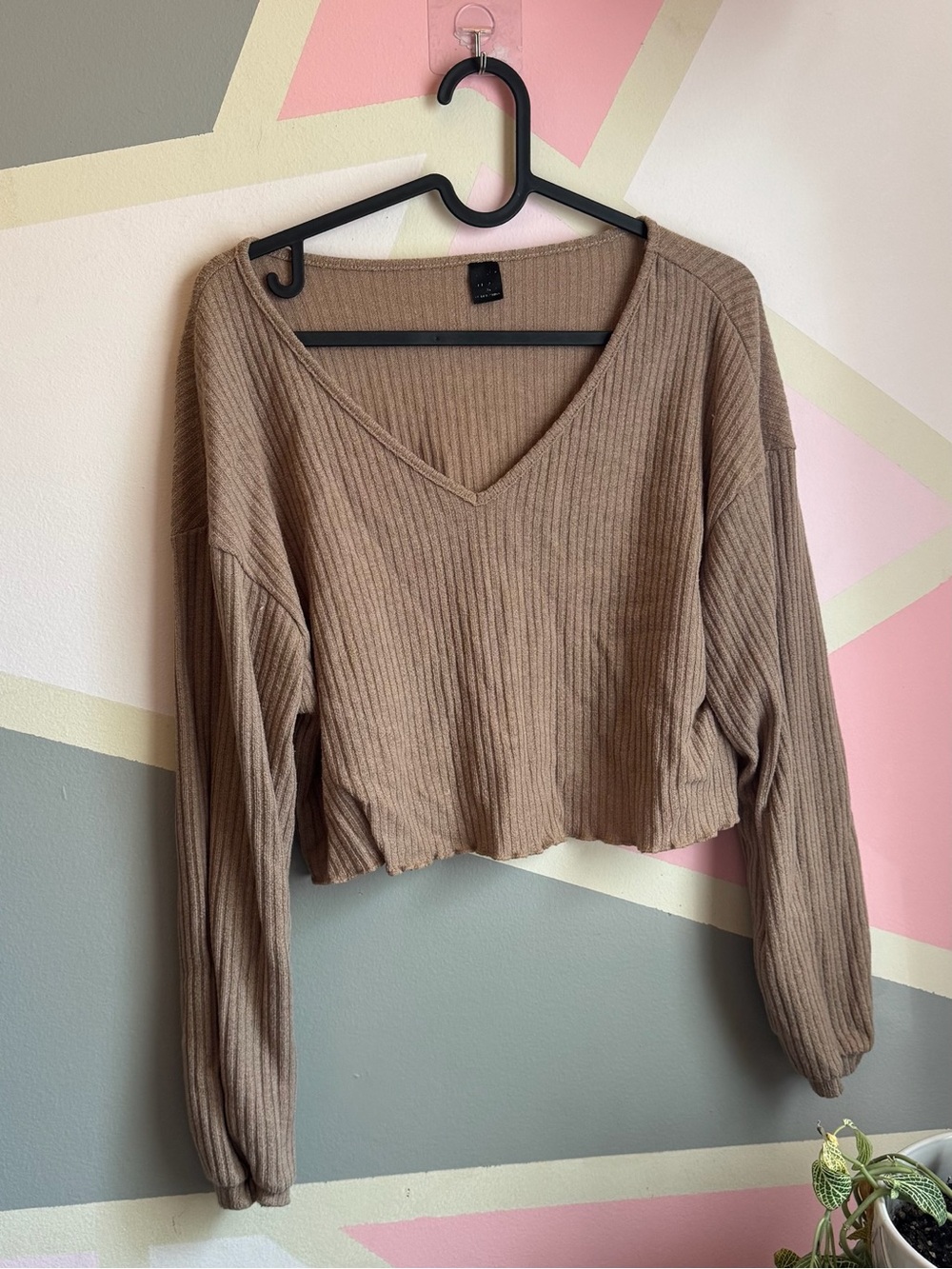 SHEIN Tan Ribbed V-Neck Cropped Sweater Top